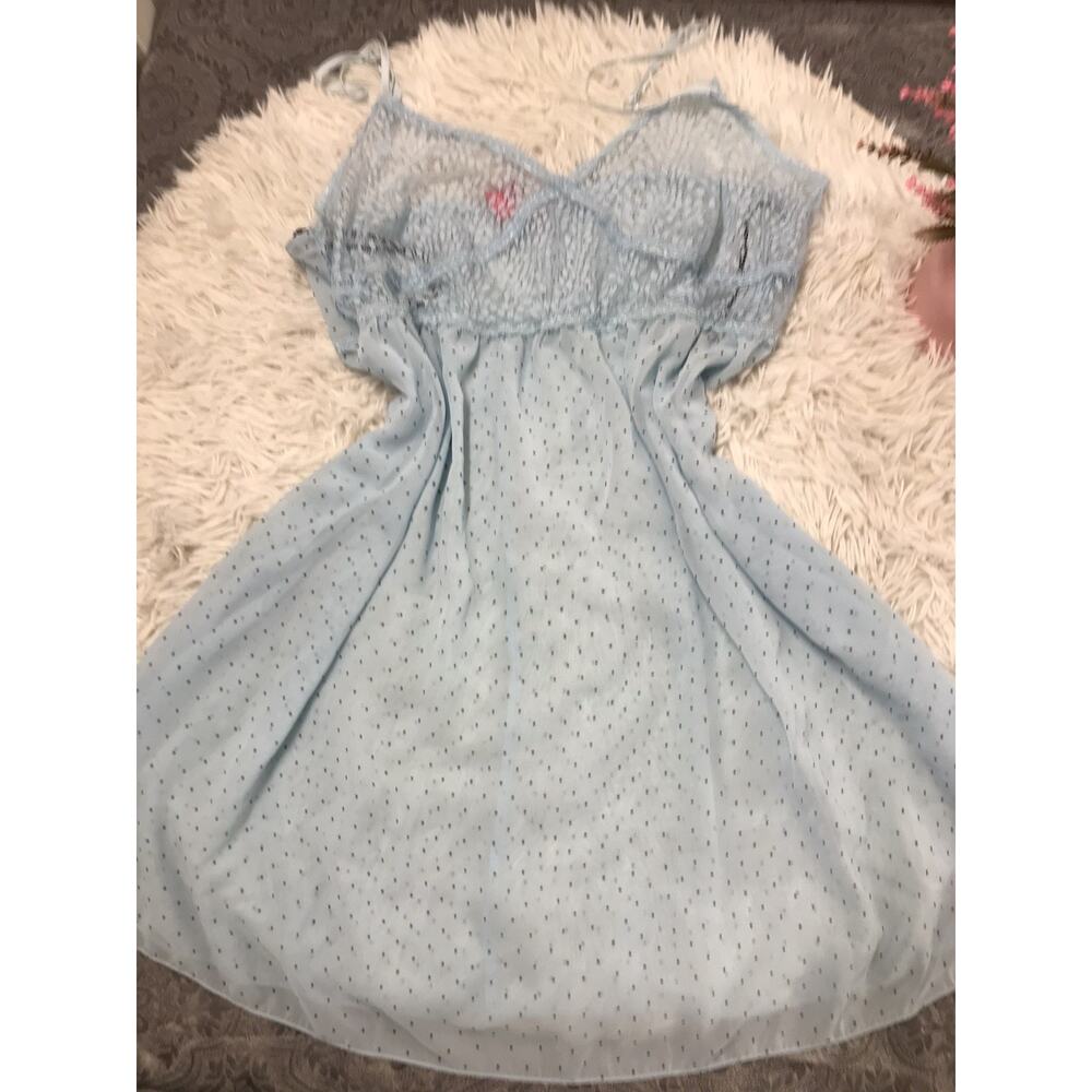 COSMOPOLITAN BABYDOLL Women's XL Chemise Blue See Through Sheer Polka Dot LACE